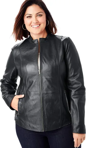 Vista 8 de Jessica London Chaqueta de cuero con cremallera frontal para mujer