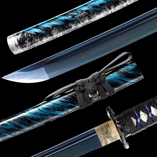 Vista 3 de OYZ Espada katana azul japonesa auténtica, espada completa, práctica, funcional, acero de alto carbono 1060, Hademade templada por calor, forjada a