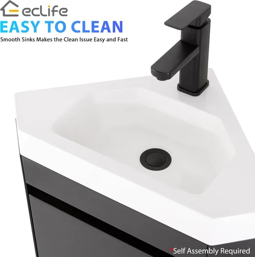 Vista 6 de eclife Combo de lavabo de baño esquinero de 22 pulgadas para espacio pequeño, armario flotante montado en la pared con fregadero de resina blanca