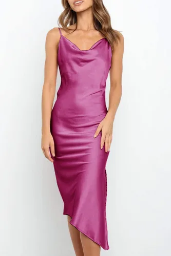 Vista 9 de PRETTYGARDEN Vestido de satén para mujer, sin mangas, con tirantes delgados, abertura lateral, cuello vuelto, midi