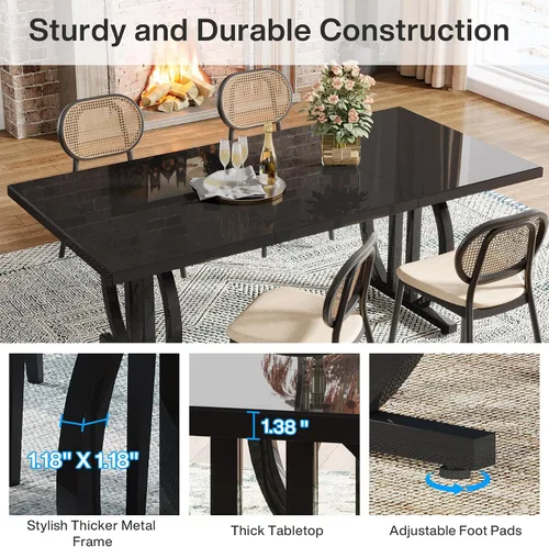 Vista 7 de Tribesigns Mesa de comedor moderna de 63 pulgadas para 6, mesa de cocina rectangular con marco de metal, mesa de comedor negra para el hogar, comedor