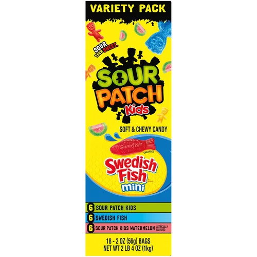 Vista 14 de SOUR PATCH KIDS & SWEDISH FISH Paquete de variedad de dulces suaves y masticables - 18 paquetes individuales de refrigerios