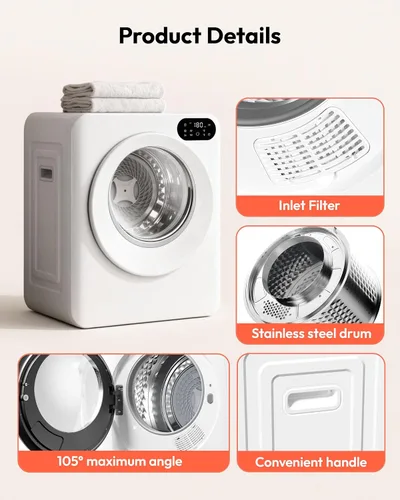Vista 7 de Euhomy Secadora portátil de 1.5 pies cúbicos, secadora de ropa de 850 W con tambor de acero inoxidable, 4 funciones, panel de control LED, secadores