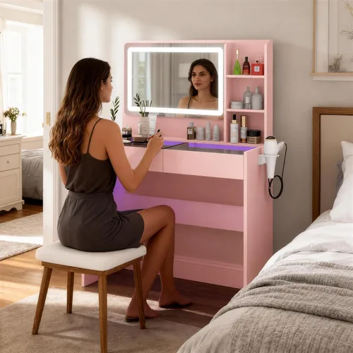 Vista 8 de Escritorio de tocador de maquillaje con espejo y luces, parte superior de Rosa