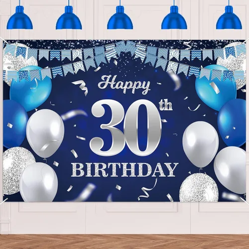 Vista 70 de Bandera de feliz primer cumpleaños con fondo azul marino, globos, confeti, bandera de rayas, luces de puntos, felicitaciones por el tema de 1 año