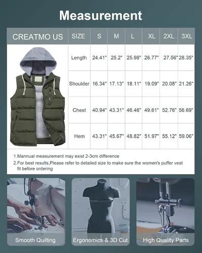 Vista 7 de CREATMO US Chaleco cálido para mujer, chaleco grueso acolchado sin mangas con capucha desmontable