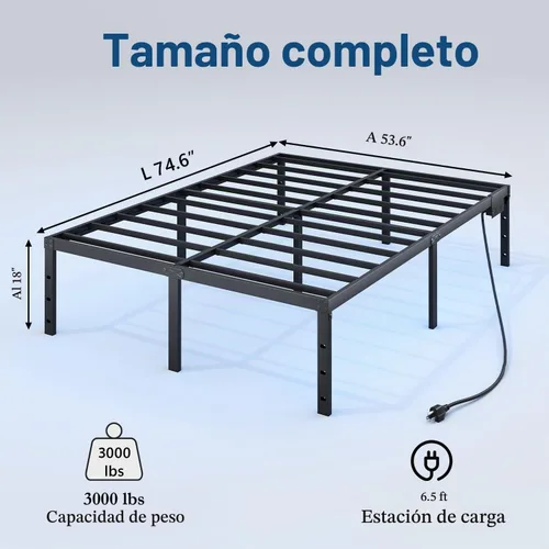 Vista 2 de HAVONIZD Marco de Cama Full con Luces LED y Estación de Carga - Marco de Cama de Plataforma de Metal Resistente de 18 Pulgadas Sin Necesidad