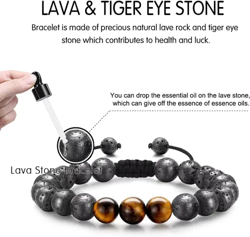 Vista 4 de STORUP Pulsera de regalo para hombres Pulsera de cuentas de piedra de lava de ojo de tigre de 0.315 in para hombre, enlace inicial, hecha a mano