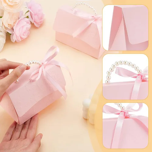 Vista 3 de BENECREAT Juego de 12 cajas de recuerdos de boda, caja de papel kraft rosa con mango de perla, cintas, calcomanías, cajas de regalo para cumpleaños