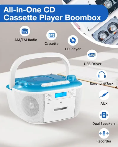 Vista 3 de Gelielim Combo de reproductor de CD y casete portátil - Reproductor de cinta de casete Boombox con radio AM FM, reproductor de CD Boom Box