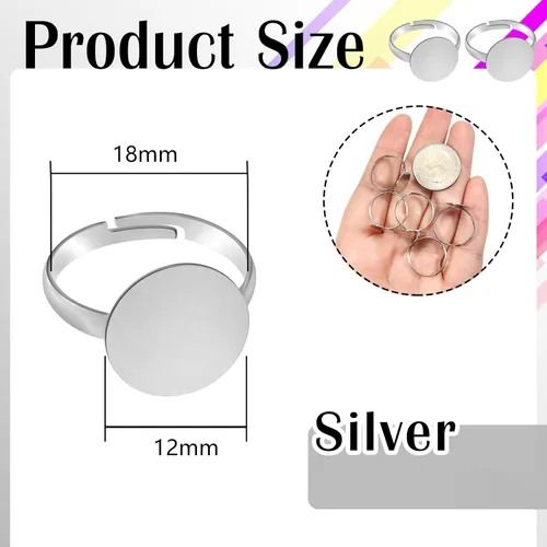 Vista 2 de TOAOB 30 anillos planos ajustables chapados en plata con base en blanco de 0.472 pulgadas