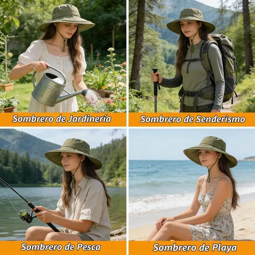 Vista 7 de Sombrero de ala ancha impermeable UPF 50+ para mujer con agujero para cola Verde militar