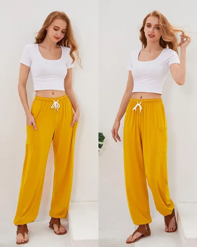 Vista 6 de QIANXIZHAN Pantalones de harén para mujer, pantalones hippie palazzo, pantalones bohemios, ropa de yoga con bolsillos