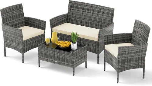Vista 32 de RELAX4LIFE Juego de muebles de patio de 4 piezas – Juego de muebles de ratán para conversación al aire libre con cojines, mesa de centro de cristal