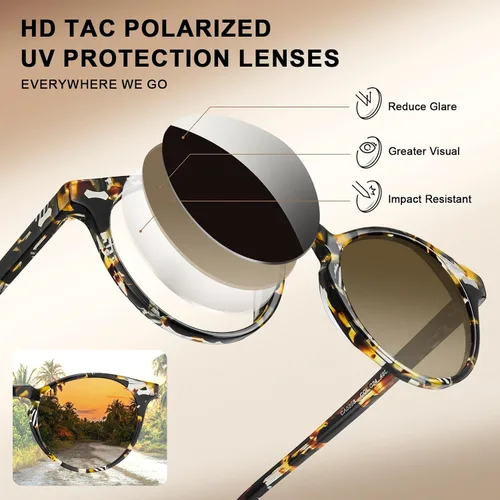 Vista 18 de CARFIA Gafas de sol polarizadas de acetato redondo para mujer, protección UV de cara pequeña con funda de cuero CA5288
