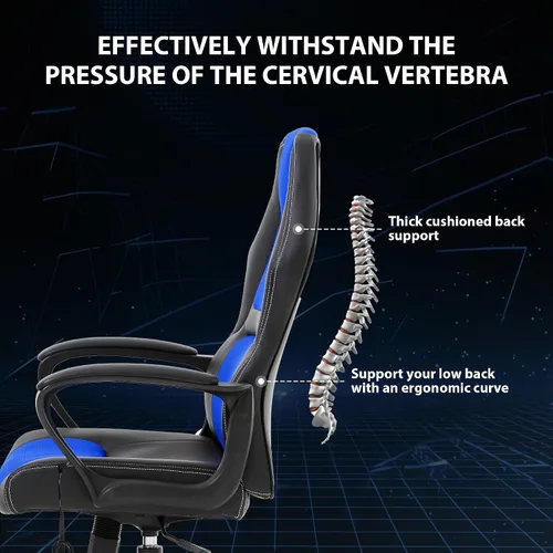 Vista 5 de Massage Gaming Chair – Ergonomic Office Desk Chair with Recline Function, PU Leather & Breathable Design, Lumbar Pillow, Adjustable Height, 360° Blue