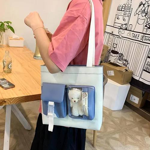 Vista 6 de Mochila Kawaii de 5 piezas, bolsa deportiva estética de 17 pulgadas con bonita mochila, bolsa de hombro, caja de lápices, bolsa de mano, bolsa