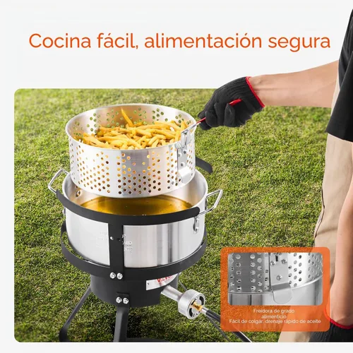 Vista 4 de VEVOR Freidora de Pescado y Alitas de 10 Qt, Kit de Freidora de Pescado de Propano de Aluminio, Freidora Profunda para Exteriores Olla para Mariscos