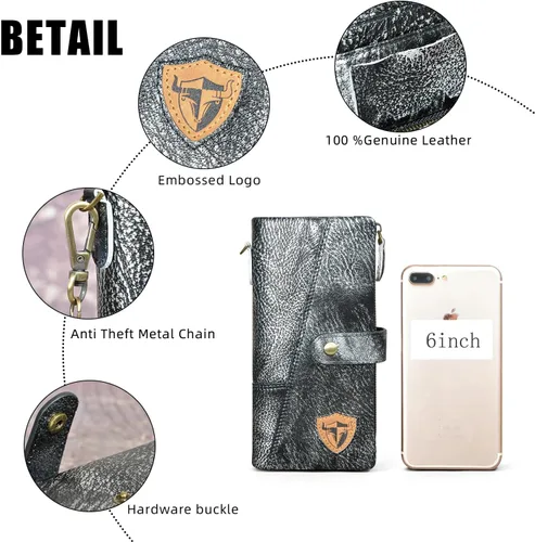 Vista 6 de Genuino caballo loco cuero viaje regalo moneda bolsillo tarjeta caso largo organizador cadena Rfid monedero con broche para hombres hombres 1803