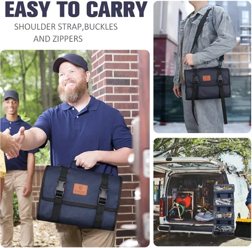 Vista 2 de Organizador de rollo de herramientas Wessleco, bolsa de herramientas con bolsillo para llaves, rollo de llaves para electricistas, bolsa