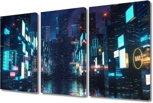 Vista 70 de Arte de pared de 3 piezas de escena de ciencia ficción de la calle comercial futurista paisaje urbano, decoración de pared para dormitorio