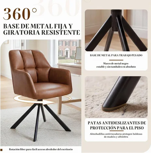 Vista 5 de EALSON Cómoda silla de escritorio de cuero, moderna silla de trabajo para computadora, sin ruedas, silla giratoria con brazo de respaldo medio