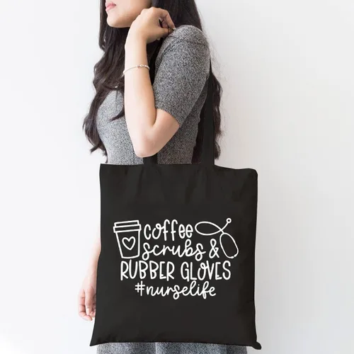 Vista 2 de TSIIUO Exfoliantes de café y guantes de goma para mujer, bolsa de lona divertida para enfermera, bolsa de compras reutilizable Negro