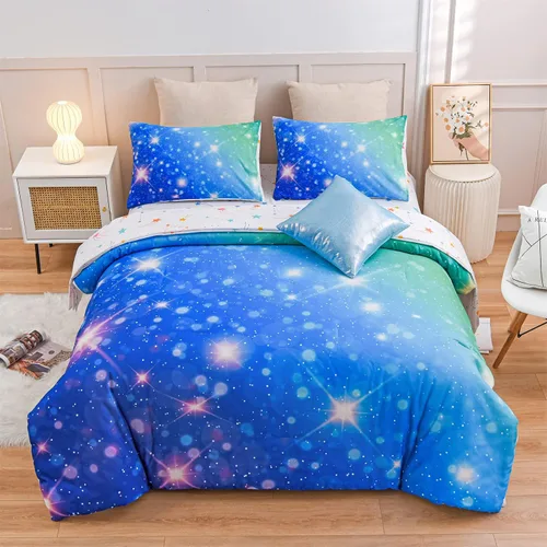 Vista 10 de A Nice Night Juego de ropa de cama de 6 piezas con purpurina degradada para niñas, tamaño completo, juego de edredón colorido de galaxia arcoíris