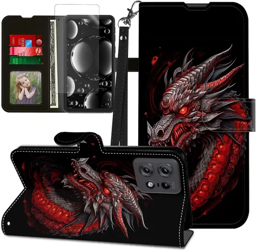 Vista 87 de Funda para Motorola Edge 2022 con protector de pantalla, soporte y tarjetero y correa para la muñeca, funda magnética para Moto Edge 2022 5G UW Lobo