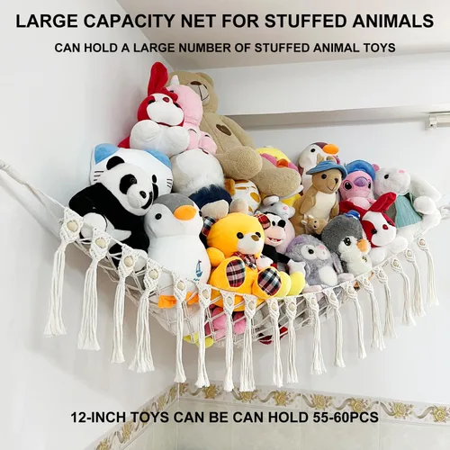 Vista 4 de Red Grande para Animales de Peluche o Hamaca, Hamaca de Juguete de Macramé Boho con Luces LED, Red que Decora la Habitación y Ahorra Espacio