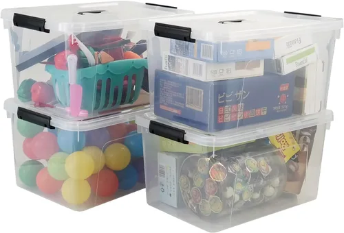Vista 9 de Paquete de 4 cajas de almacenamiento de plástico de 10 L, caja de almacenamiento transparente con tapa Secure Side Buckle Latches, Dustproof Lid