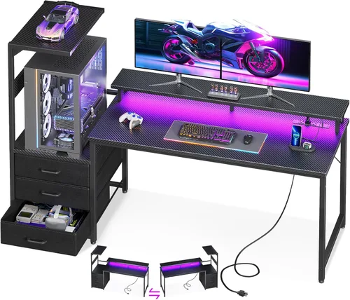Vista 12 de AODK Escritorio para juegos de 52 pulgadas con puertos de carga USB y luz LED, escritorio reversible para computadora con estantes de almacenamiento