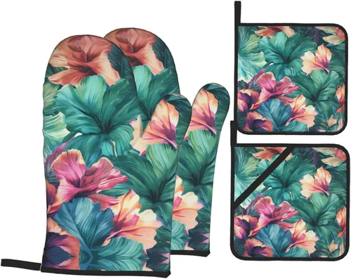 Vista 12 de Juego de guantes de horno y soportes para ollas con estampado floral de jardín, resistentes al calor, antideslizantes, guantes de cocina, 4