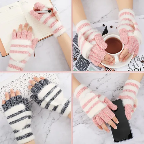 Vista 4 de SATINIOR 2 pares de guantes de invierno de punto sin dedos convertibles, guantes de invierno cálidos de lana para mujeres y hombres (rosa, negro)