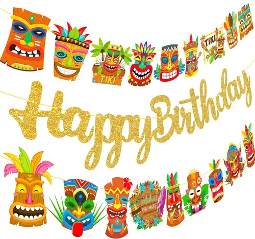 Vista 2 de Hawai Luau - Pancarta hawaiana de Tiki para fiesta de cumpleaños, 3 unidades, decoración de fiesta de Aloha para colgar, guirnaldas de Tiki