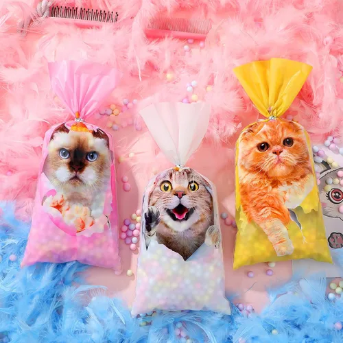 Vista 6 de Hotop 100 bolsas de celofán con 150 corbatas, suministros de decoración de cumpleaños con temática de gatito, suministros para niños, hogar, aula