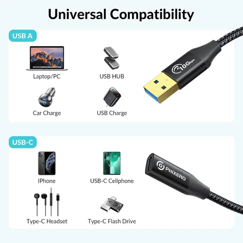 Vista 7 de PHIXERO [10Gbps] Adaptador USB C hembra a USB macho 3.1 Gen 2 (1 pie), adaptador USB A a USB C de carga rápida de 3A con transferencia de datos