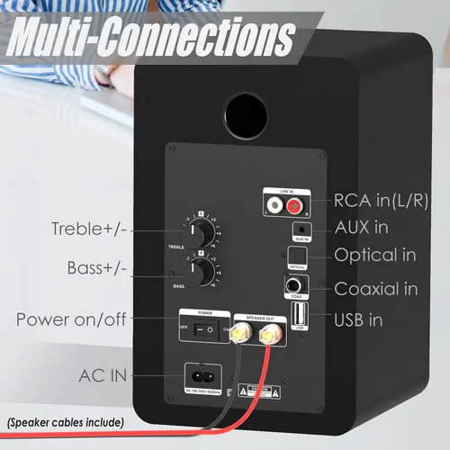 Vista 5 de LONPOO Altavoces de estantería alimentados para tocadiscos, monitores de campo cercano activos Bluetooth de 2.0 canales con tweeter de cúpula