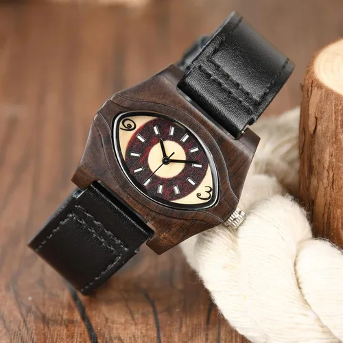 Vista 2 de Womens Wooden Watch with Leather Strap Quartz Analog Red Bamboo Wooden Watches for Women Unique Lightweight Handmade Wood Wrist Watch
