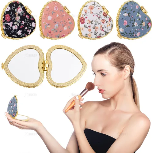 Vista 3 de AUEAR, Paquete de 4 pequeñas flores portátiles espejo de maquillaje retro floral doble cara monedero para viaje cosmético corazón