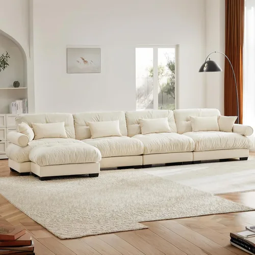 Vista 6 de Otomana color beige y blanco para sofá modular modular, sofá individual, asiento otomano para convertible seccional, sofá de terciopelo para sala