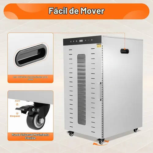 Vista 6 de Deshidratador comercial de alimentos 20 bandejas, máquina secadora de alimentos de acero inoxidable de 1700 W con 4 ruedas y pantalla LED, control