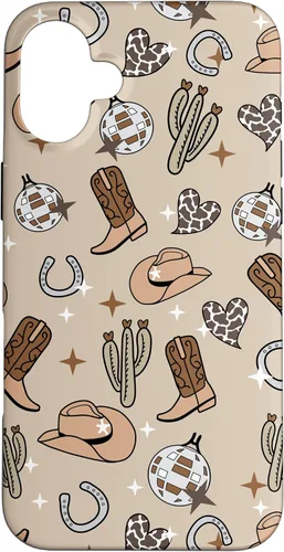 Vista 23 de Cowboy Hat & Boot & Disco Ball Pattern Brown Cowgirl Case for iPhone 17
