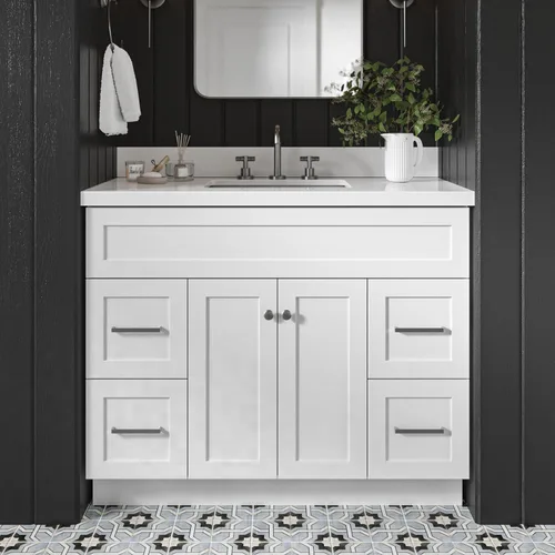 Vista 19 de DKB Isabella - Mueble de baño negro de 42 pulgadas con fregadero, lavabo rectangular, encimera de cuarzo blanco puro y protector contra salpicaduras