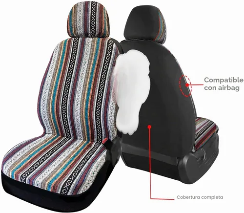 Vista 9 de Funda de Asiento de Coche Manta Baja Saddle 4PCS Delantera a Rayas Multicolor, Funda de Asiento Hippie Boho de Ajuste Universal para Toyota, Honda
