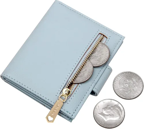 Vista 4 de GEEAD Carteras pequeñas para mujer delgadas y plegables para tarjetas de crédito, minimalista con bolsillo para monedas., Azul Patchwork