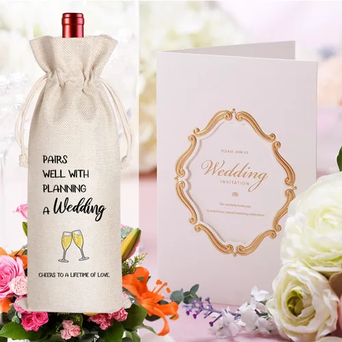 Vista 6 de LANBAIHE Regalos de boda Bolsa de vino, parejas de boda, regalo de novia y novio, bolsa de vino reutilizable de lino