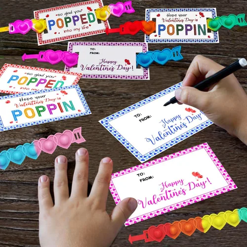 Vista 6 de JUNQIU Tarjetas del Día de San Valentín para Niños de Escuela, Paquete de 30 Tarjetas Pop It de San Valentín, Tarjetas de Intercambio de San
