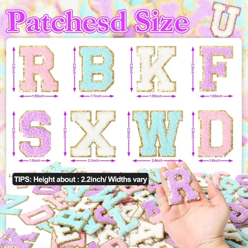 Vista 2 de NICEVINYL Parches de letras de chenilla autoadhesivas: 104 piezas de parches de letras preppy de colores mixtos - Parche de iniciales universitarias