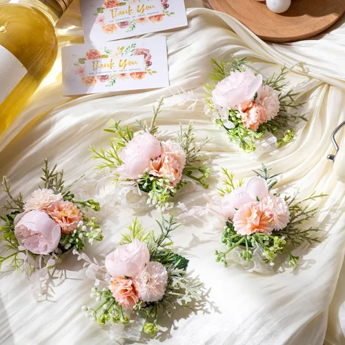 Vista 4 de Juego de 12 ramilletes de boda y boutonniere, pulsera de ramillete de boda con alfileres para baile de graduación, hombres, novia, fiesta